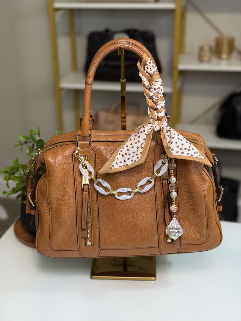 Michael Kors Julia Pebbled Leather Satchel with Scarf Accent - Picture 7 of 16
